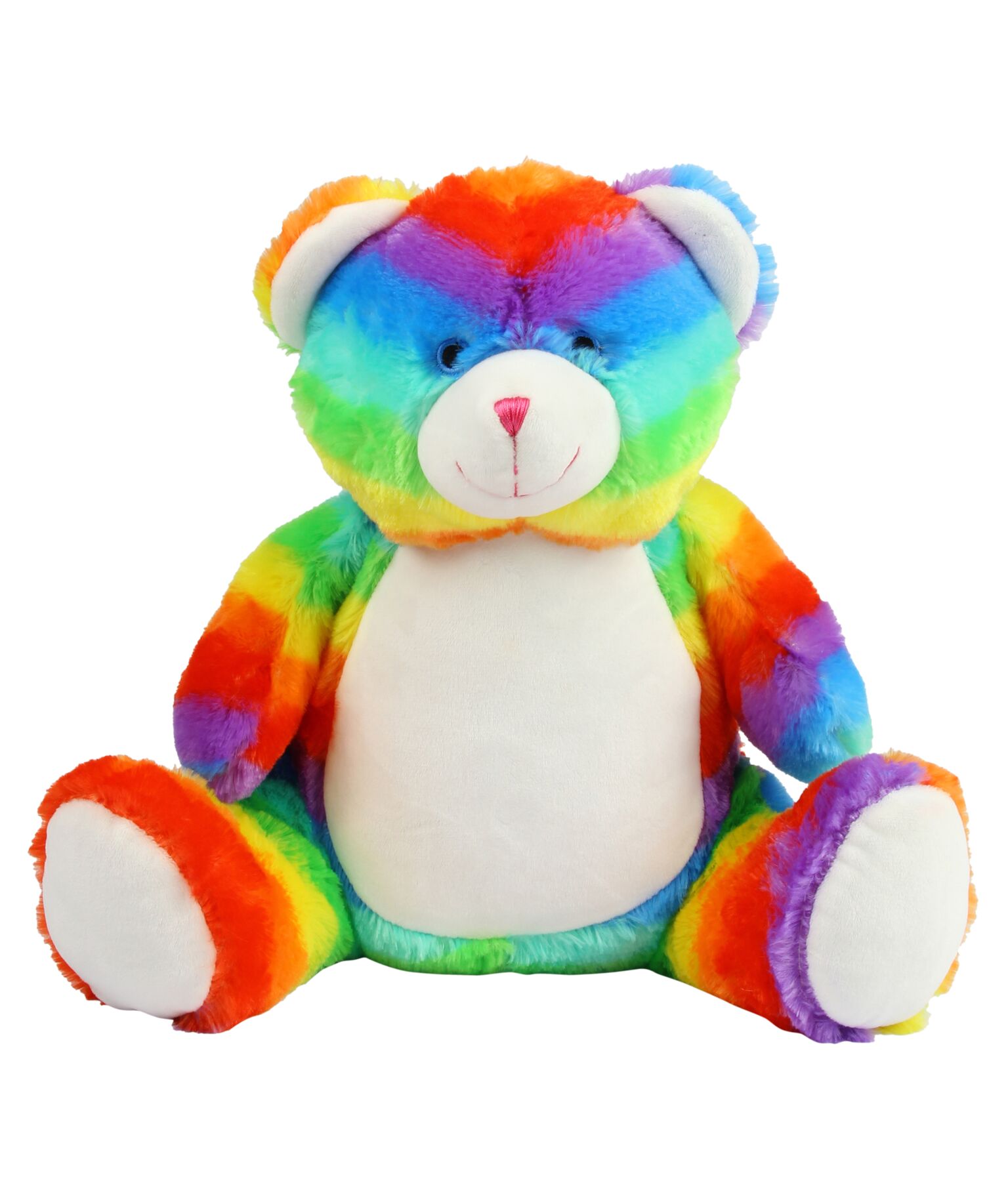 Multi-coloured soft plush bear. Contrast sewn nose and eyes. Cream coloured panel on tummy and feet. Complies with EN71 European Toy Safety regulations. Remove all hang tags and their fasteners before giving these items to a child. Suitable for all ages.