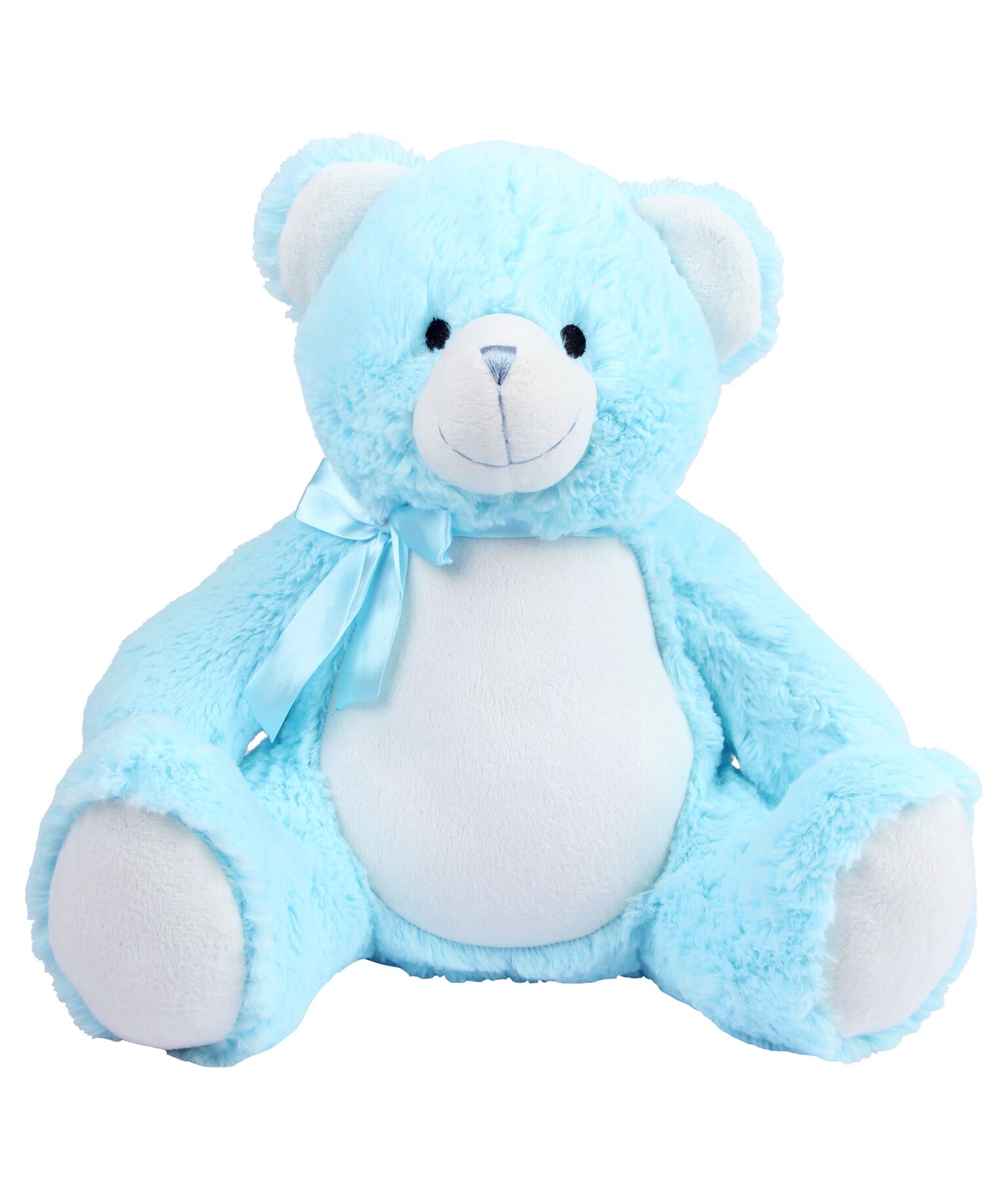 Soft plush bear. Contrast cream nose, front panel and paws. Sewn nose and eyes. Matching ribbon and bow. Complies with EN71 European Toy Safety regulations. Remove all hang tags and their fasteners before giving these items to a child. Suitable for all ages.