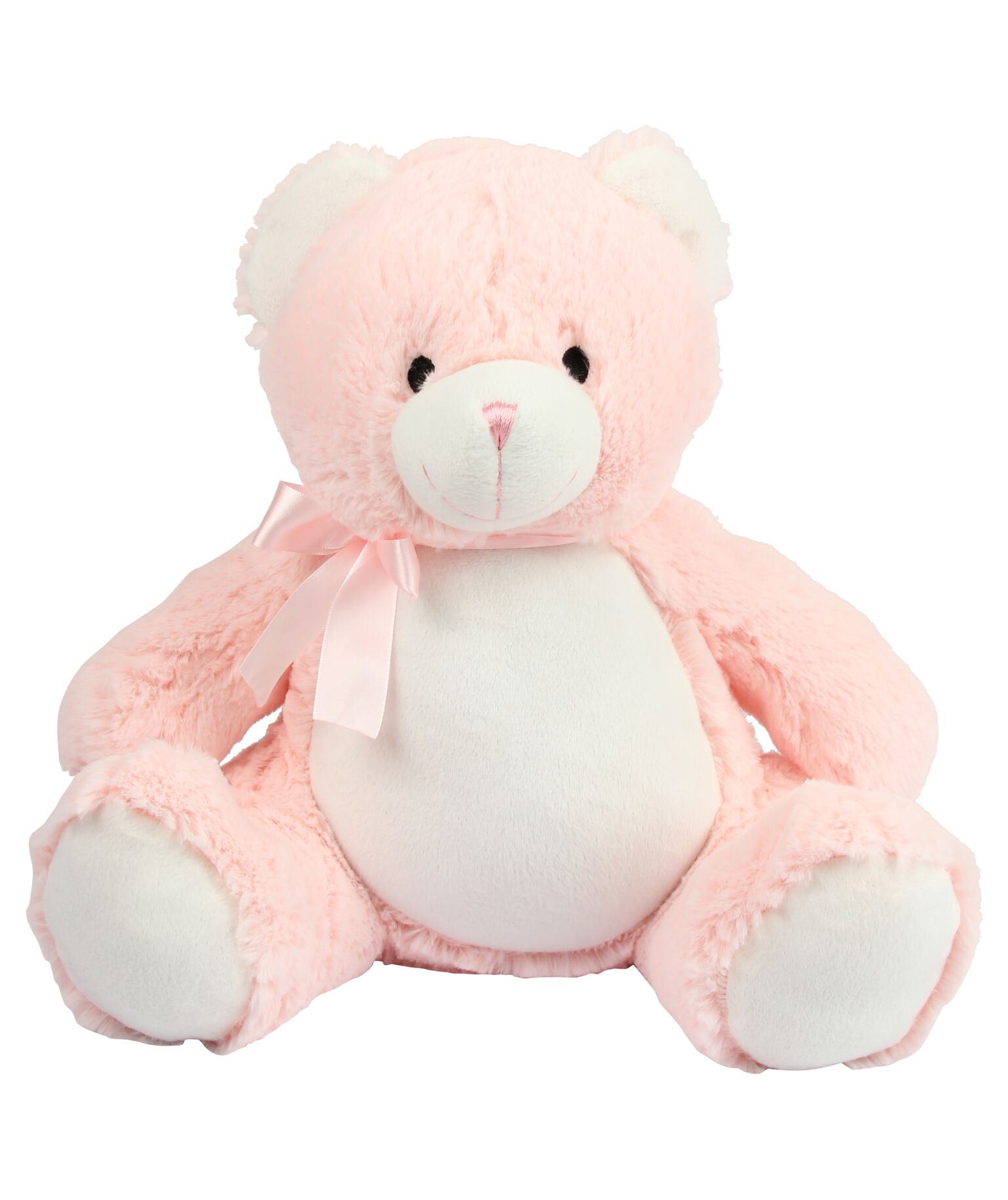 Soft plush bear. Contrast cream nose, front panel and paws. Sewn nose and eyes. Matching ribbon and bow. Complies with EN71 European Toy Safety regulations. Remove all hang tags and their fasteners before giving these items to a child. Suitable for all ages.