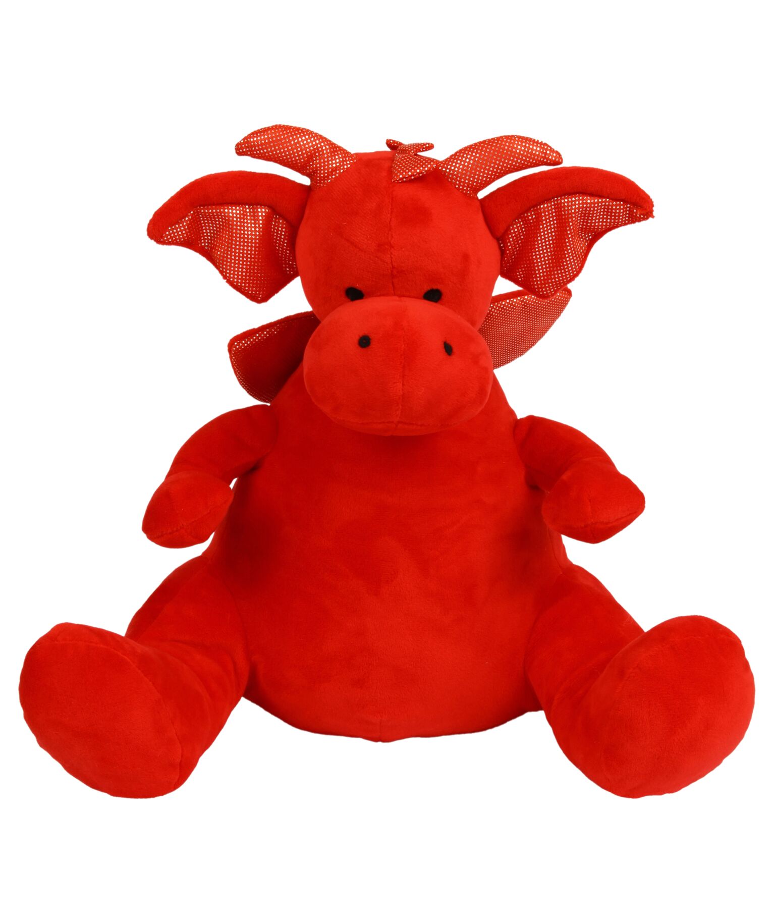 Soft plush dragon. Contrast fabric detail. Sewn eyes and nose. Complies with EN71 European Toy Safety regulations. Remove all hang tags and their fasteners before giving these items to a child. Suitable for all ages.