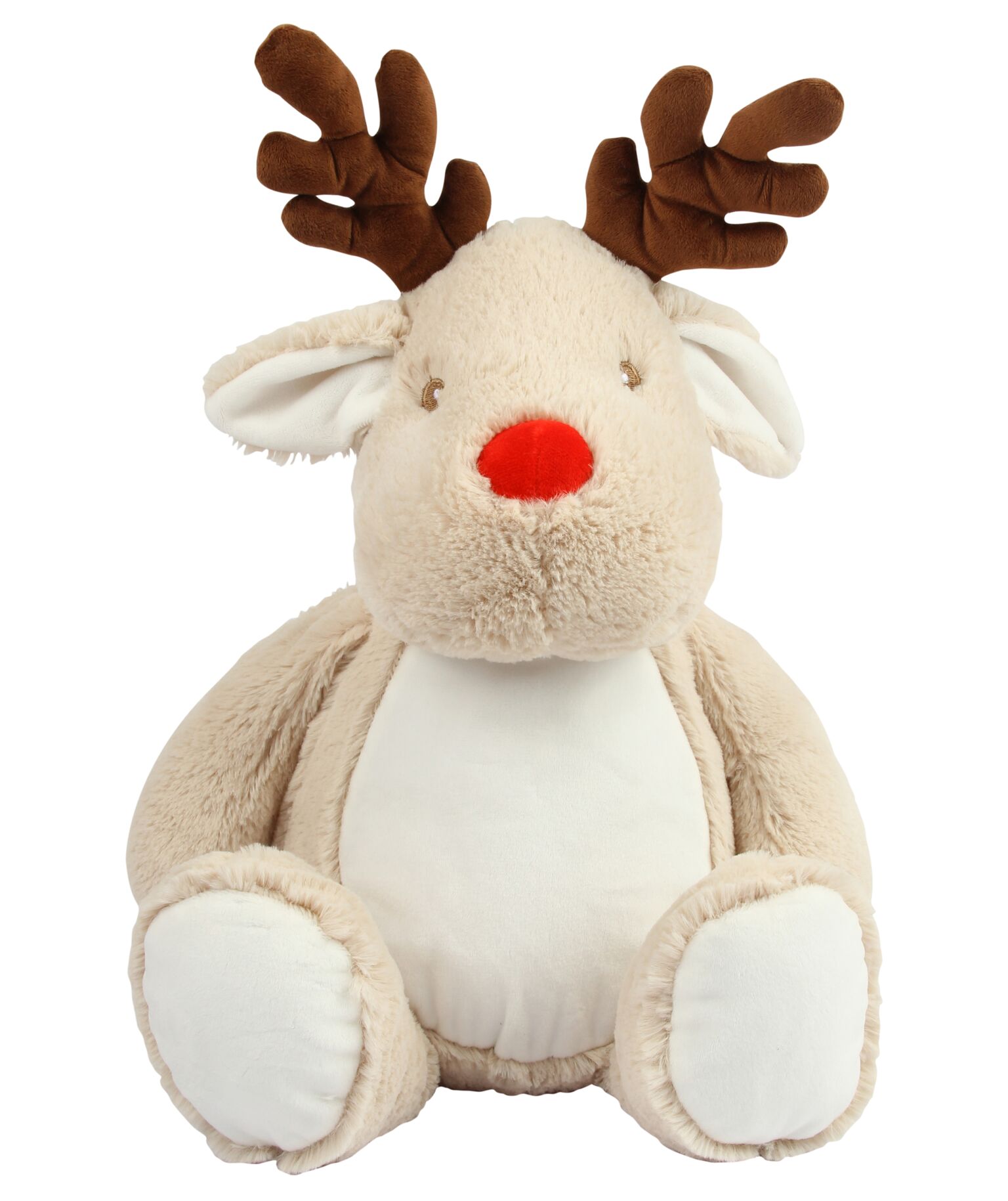 Soft plush reindeer. Contrast eyes and fabric contract nose. Contrast fabric antlers. Cream coloured panel on tummy and inner ears. Complies with EN71 European Toy Safety regulations. Remove all hang tags and their fasteners before giving these items to a child. Suitable for all ages. Hand wash.