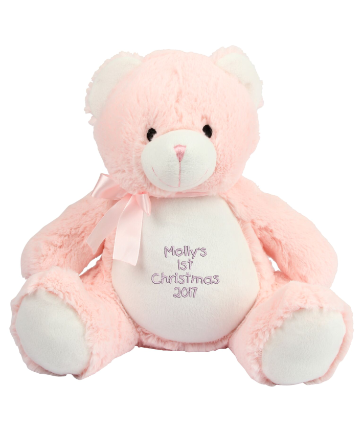 Soft plush bear. Contrast cream nose, front panel and paws. Sewn nose and eyes. Matching ribbon and bow. Complies with EN71 European Toy Safety regulations. Remove all hang tags and their fasteners before giving these items to a child. Suitable for all ages.