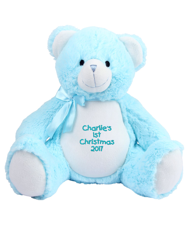 Soft plush bear. Contrast cream nose, front panel and paws. Sewn nose and eyes. Matching ribbon and bow. Complies with EN71 European Toy Safety regulations. Remove all hang tags and their fasteners before giving these items to a child. Suitable for all ages.