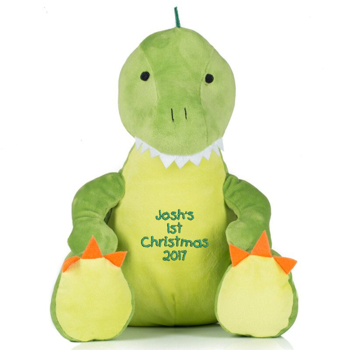 Green coloured Dinosaur. Contrast Felt decoration. Sewn eyes. Light green panel on chest and feet.Complies with EN71 European Toy Safety regulations. Remove all hang tags and their fasteners before giving these items to a child. Suitable for all ages.