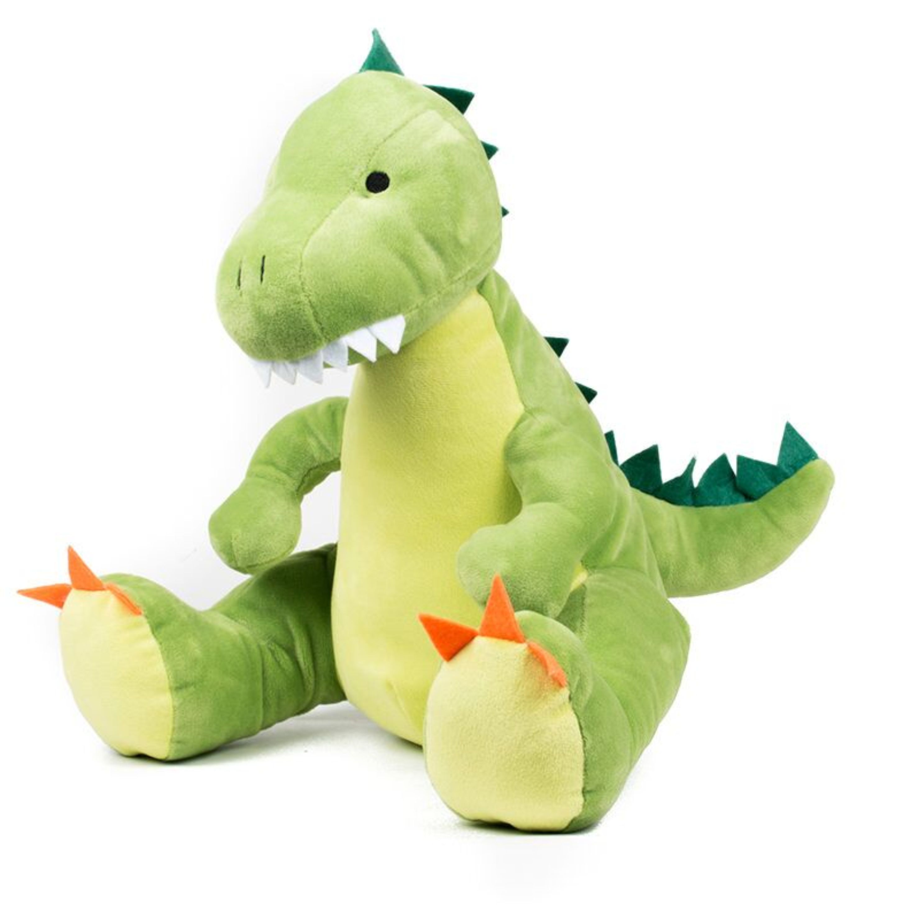 Green coloured Dinosaur. Contrast Felt decoration. Sewn eyes. Light green panel on chest and feet.Complies with EN71 European Toy Safety regulations. Remove all hang tags and their fasteners before giving these items to a child. Suitable for all ages.
