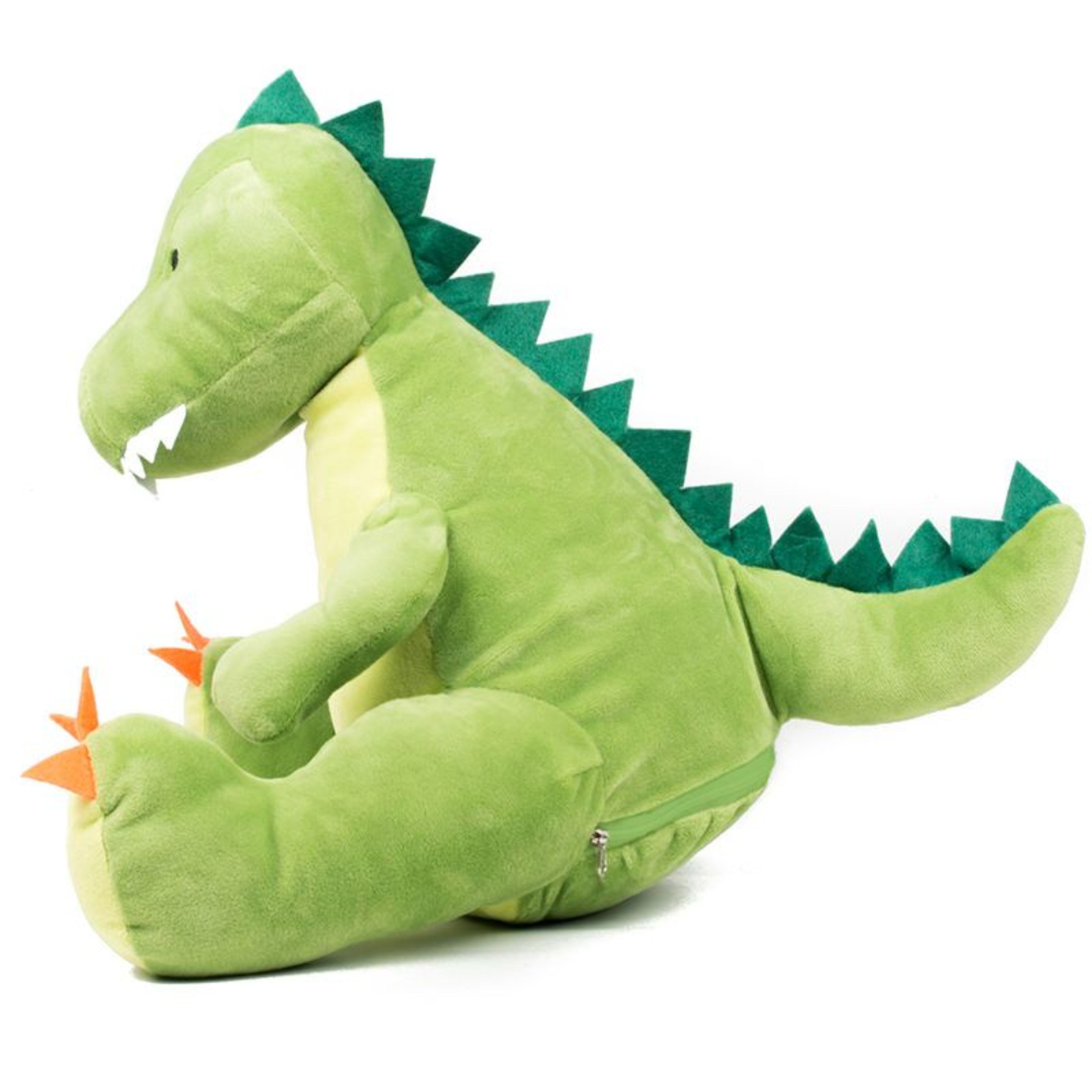 Green coloured Dinosaur. Contrast Felt decoration. Sewn eyes. Light green panel on chest and feet.Complies with EN71 European Toy Safety regulations. Remove all hang tags and their fasteners before giving these items to a child. Suitable for all ages.