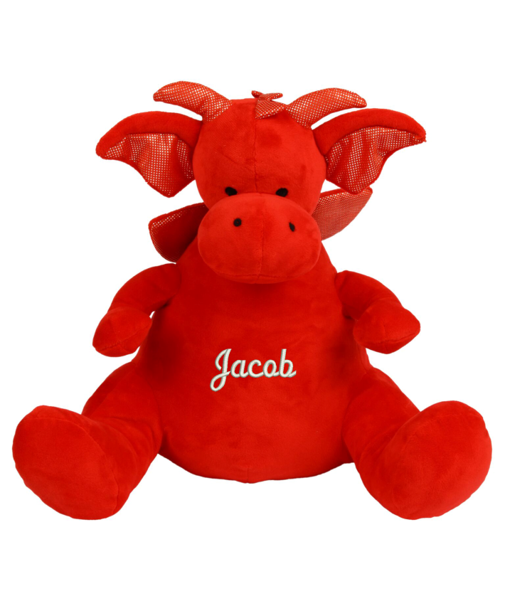 Soft plush dragon. Contrast fabric detail. Sewn eyes and nose. Complies with EN71 European Toy Safety regulations. Remove all hang tags and their fasteners before giving these items to a child. Suitable for all ages.