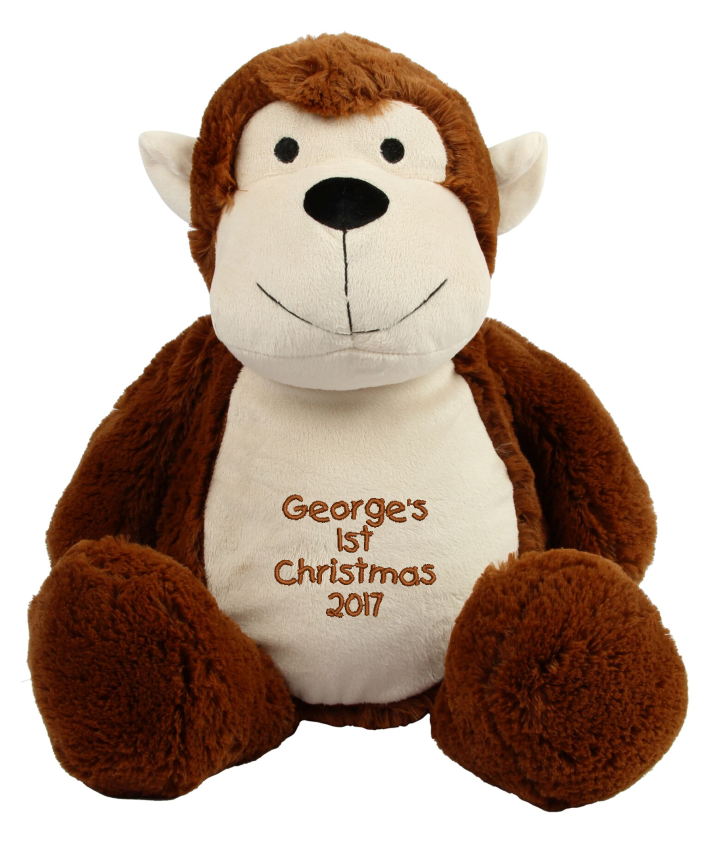 Soft plush monkey. Contrast face, ears and front panel. Sewn eyes and fabric contract nose. Curly self-fabric tail. Complies with EN71 European Toy Safety regulations. Remove all hang tags and their fasteners before giving these items to a child. Suitable for all ages. Hand Wash.