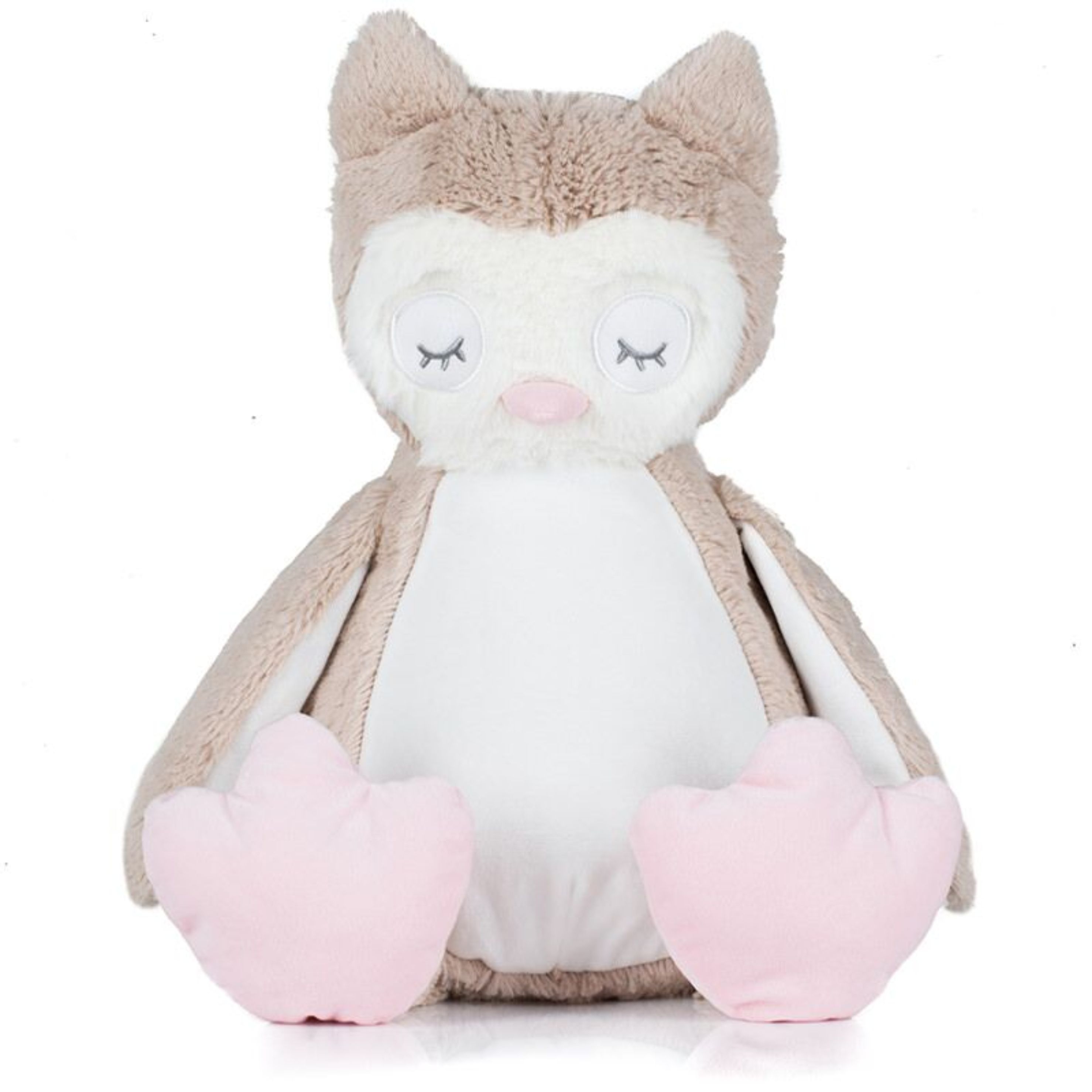 Light Brown coloured soft plush owl. Contrast pink nose and feet. Cream coloured panel on chest and under wings. Complies with EN71 European Toy Safety regulations. Remove all hang tags and their fasteners before giving these items to a child. Suitable for all ages.
