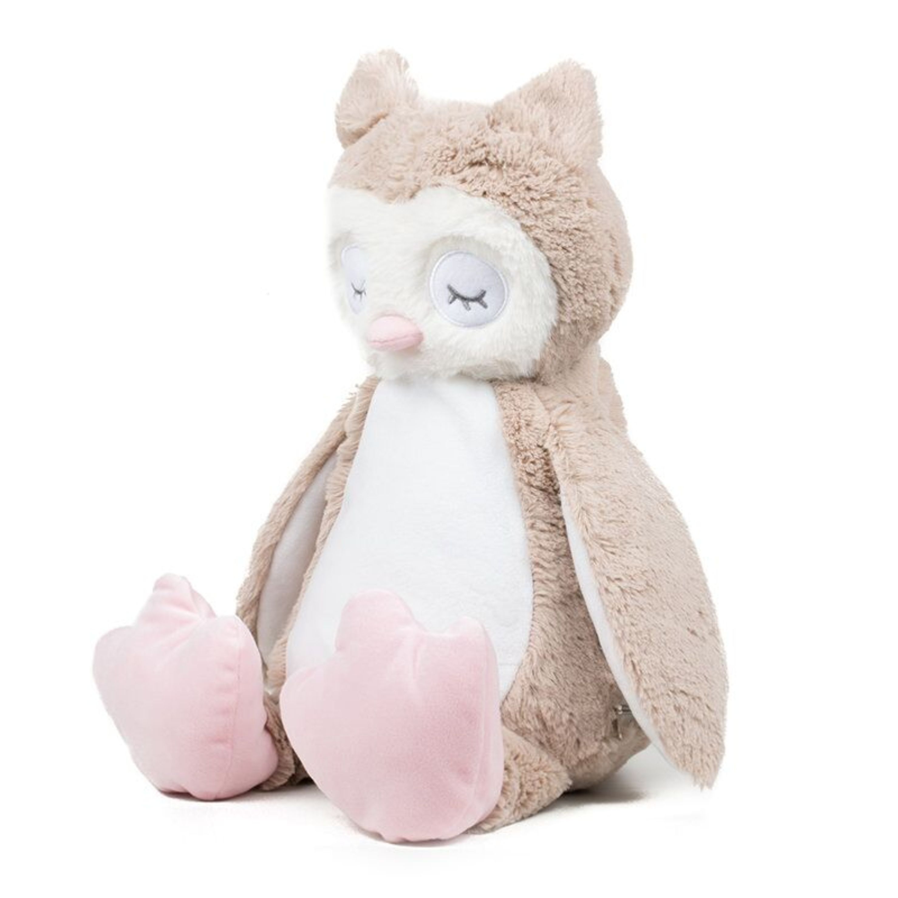 Light Brown coloured soft plush owl. Contrast pink nose and feet. Cream coloured panel on chest and under wings. Complies with EN71 European Toy Safety regulations. Remove all hang tags and their fasteners before giving these items to a child. Suitable for all ages.