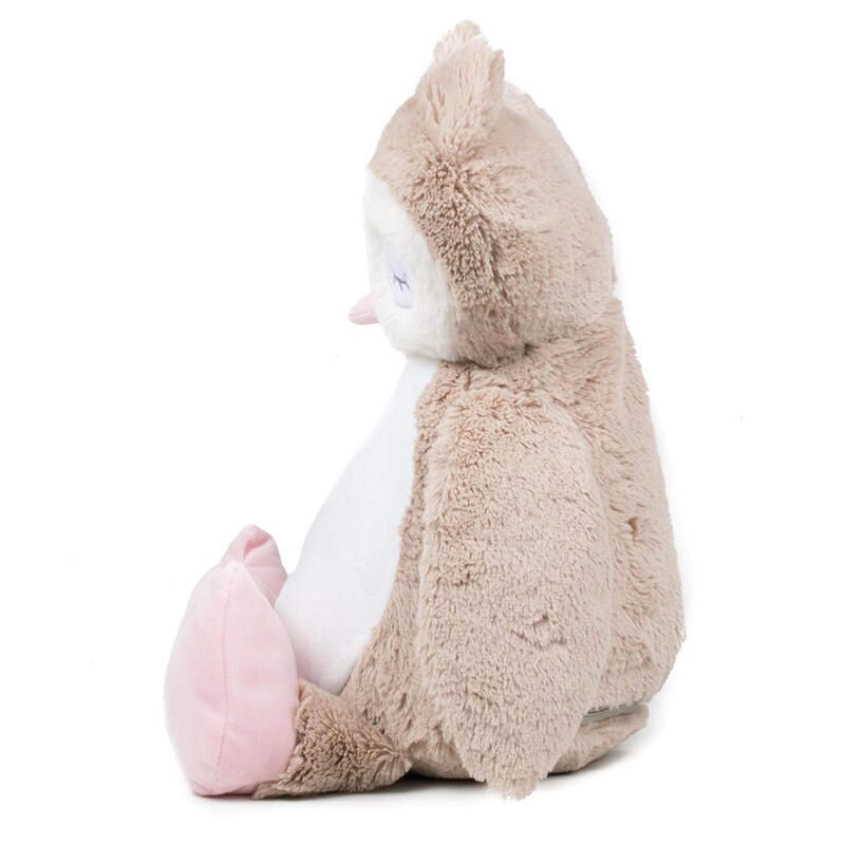 Light Brown coloured soft plush owl. Contrast pink nose and feet. Cream coloured panel on chest and under wings. Complies with EN71 European Toy Safety regulations. Remove all hang tags and their fasteners before giving these items to a child. Suitable for all ages.