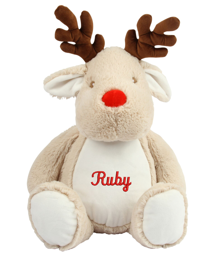 Soft plush reindeer. Contrast eyes and fabric contract nose. Contrast fabric antlers. Cream coloured panel on tummy and inner ears. Complies with EN71 European Toy Safety regulations. Remove all hang tags and their fasteners before giving these items to a child. Suitable for all ages. Hand wash.