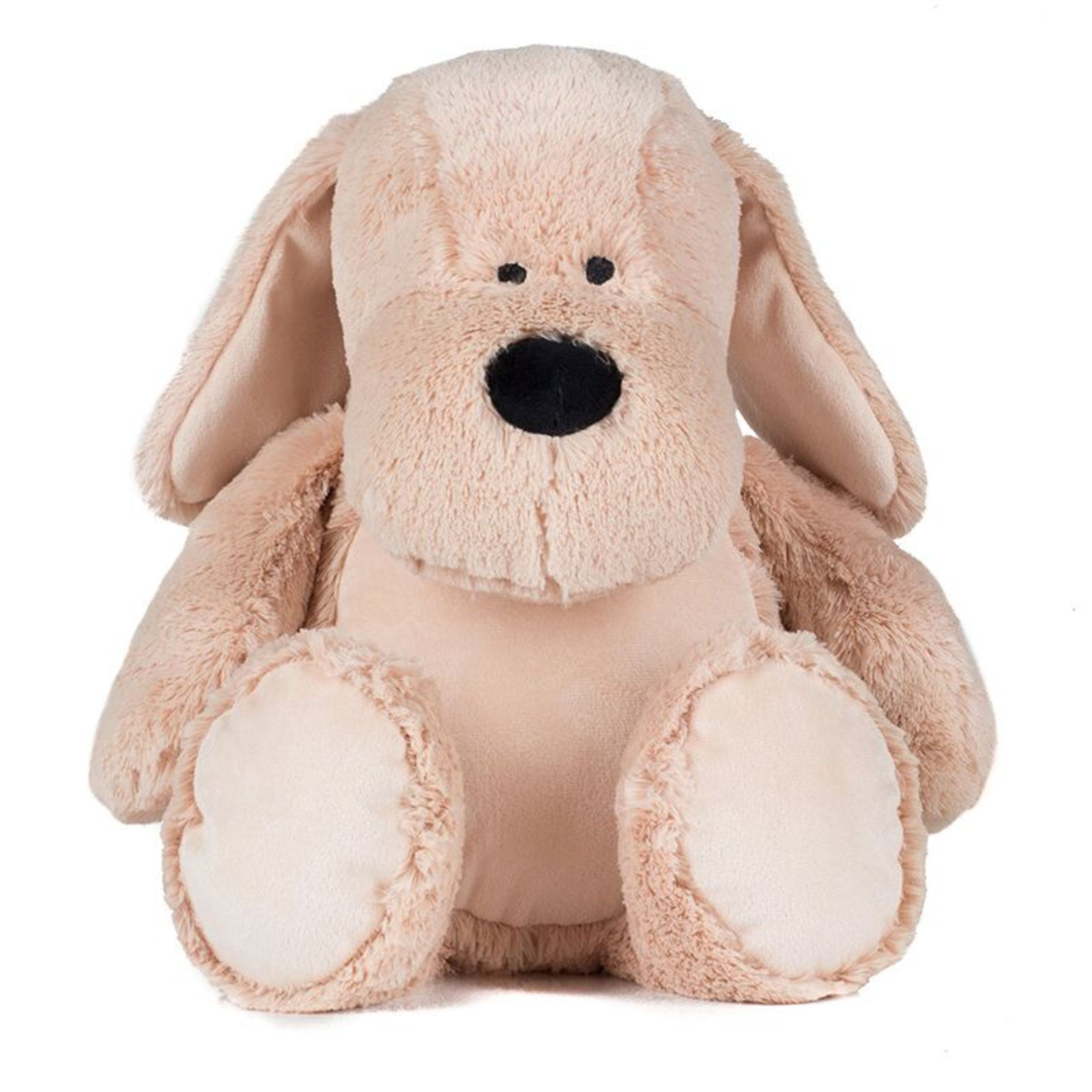 Mid Brown coloured soft plush dog. Floppy ears. Sewn eyes. Contrast brown nose. Light Brown coloured panel on chest and feet. Complies with EN71 European Toy Safety regulations. Remove all hang tags and their fasteners before giving these items to a child. Suitable for all ages.