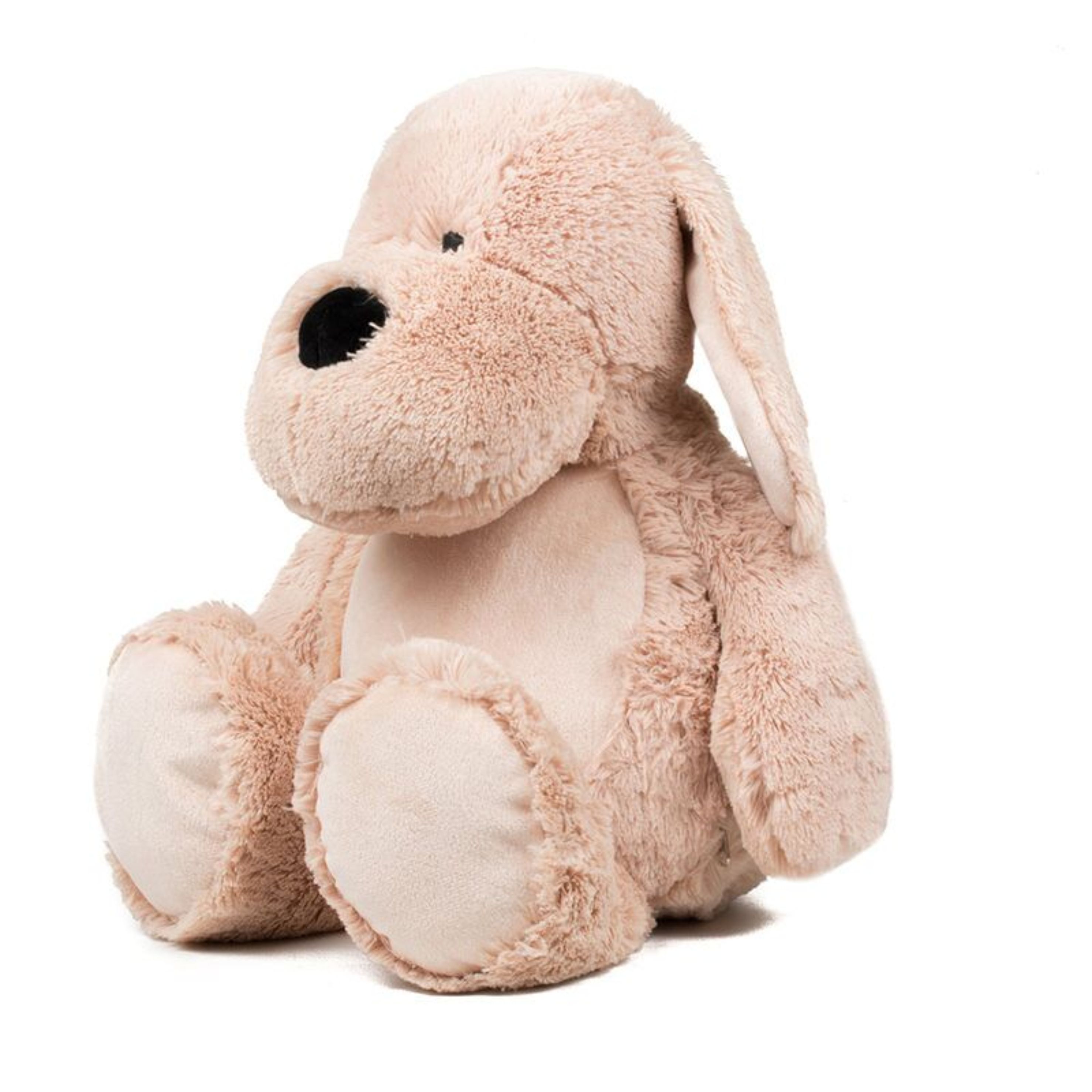 Mid Brown coloured soft plush dog. Floppy ears. Sewn eyes. Contrast brown nose. Light Brown coloured panel on chest and feet. Complies with EN71 European Toy Safety regulations. Remove all hang tags and their fasteners before giving these items to a child. Suitable for all ages.